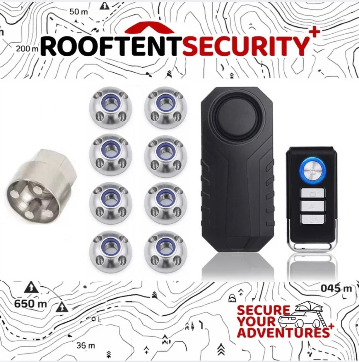 8 x M8 TentBox/Roof Tent Anti-Theft Security Nuts And Alarm + Holder BUNDLE